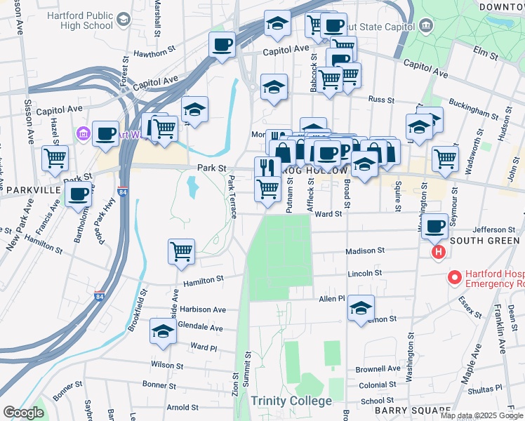 map of restaurants, bars, coffee shops, grocery stores, and more near 29 York Street in Hartford