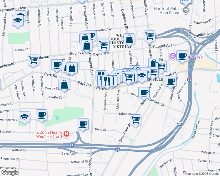 map of restaurants, bars, coffee shops, grocery stores, and more near 25 Dorothy Street in Hartford
