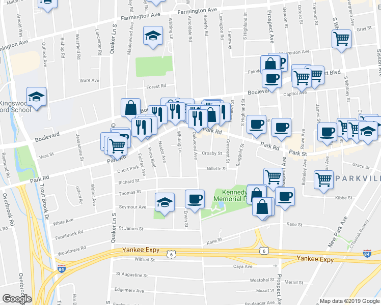 map of restaurants, bars, coffee shops, grocery stores, and more near 23 Oakwood Avenue in West Hartford