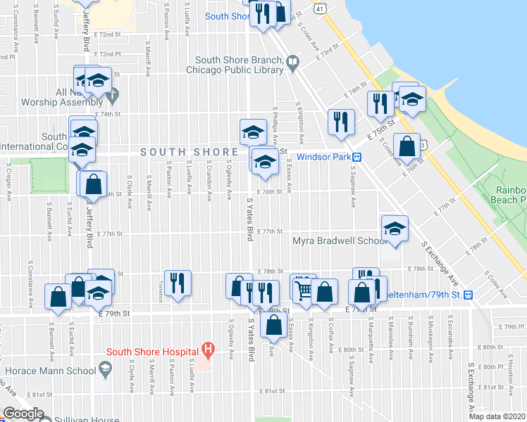 map of restaurants, bars, coffee shops, grocery stores, and more near 7550 South Phillips Avenue in Chicago