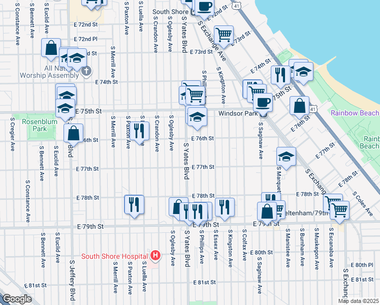 map of restaurants, bars, coffee shops, grocery stores, and more near 7604 South Phillips Avenue in Chicago