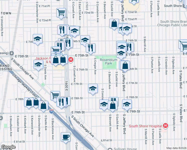 map of restaurants, bars, coffee shops, grocery stores, and more near 7559 South Ridgeland Avenue in Chicago