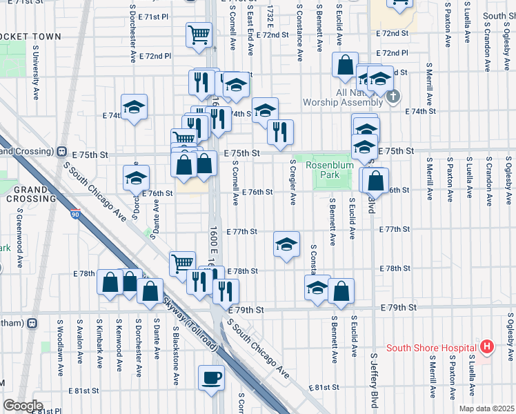 map of restaurants, bars, coffee shops, grocery stores, and more near 7600 South East End Avenue in Chicago