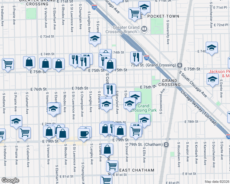 map of restaurants, bars, coffee shops, grocery stores, and more near 818 East 76th Street in Chicago