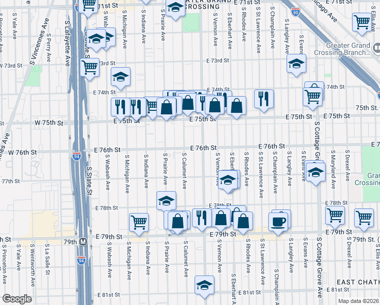 map of restaurants, bars, coffee shops, grocery stores, and more near 7545 South Calumet Avenue in Chicago