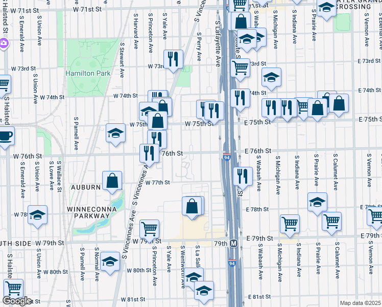 map of restaurants, bars, coffee shops, grocery stores, and more near 7538 South Perry Avenue in Chicago