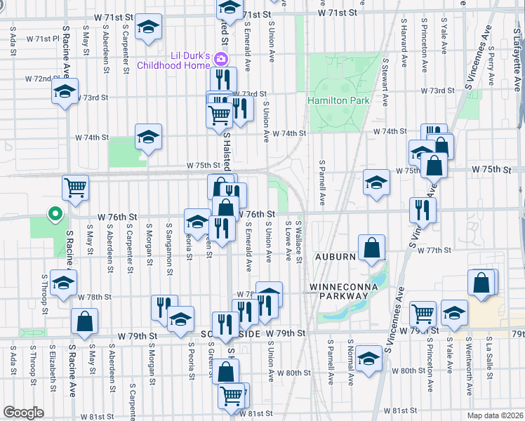 map of restaurants, bars, coffee shops, grocery stores, and more near 7530 South Union Avenue in Chicago