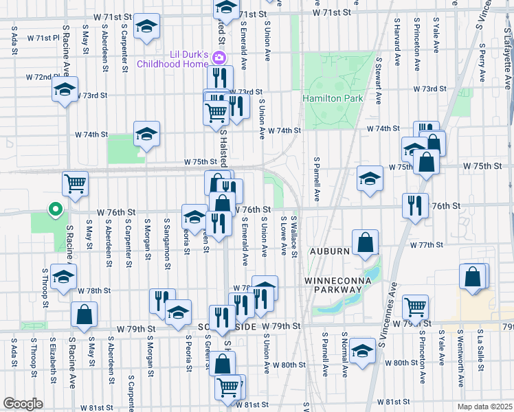 map of restaurants, bars, coffee shops, grocery stores, and more near 7530 South Union Avenue in Chicago