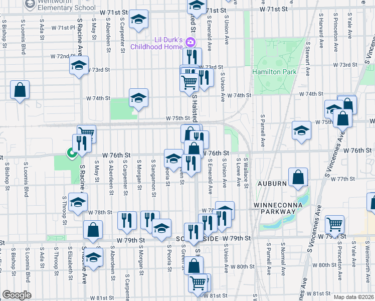 map of restaurants, bars, coffee shops, grocery stores, and more near 7525 South Green Street in Chicago