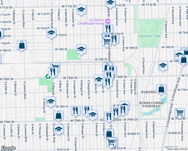 map of restaurants, bars, coffee shops, grocery stores, and more near 7523 South Peoria Street in Chicago