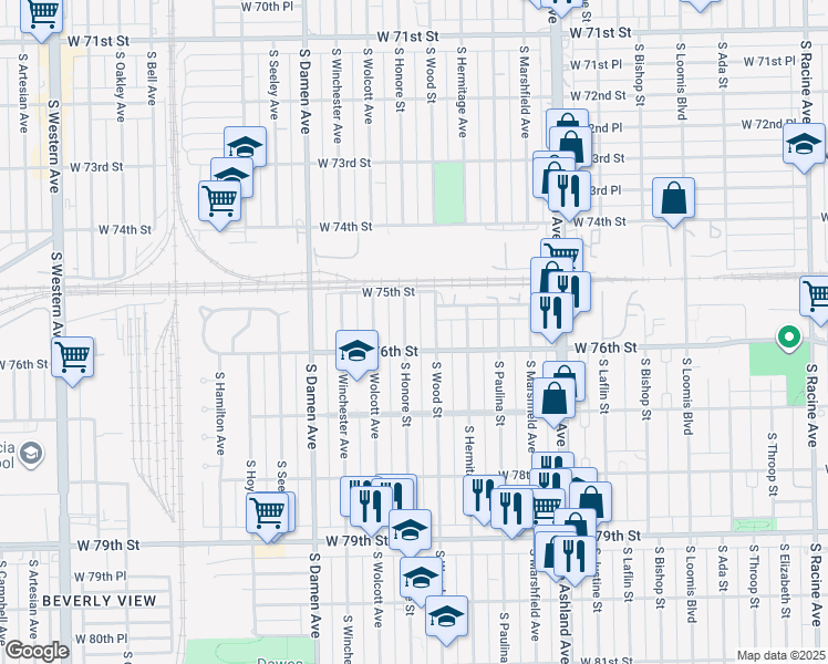 map of restaurants, bars, coffee shops, grocery stores, and more near 7514 South Wood Street in Chicago