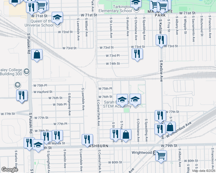 map of restaurants, bars, coffee shops, grocery stores, and more near 3523 South Central Park Avenue in Chicago