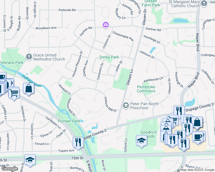 map of restaurants, bars, coffee shops, grocery stores, and more near 1141 Omaha Court in Naperville