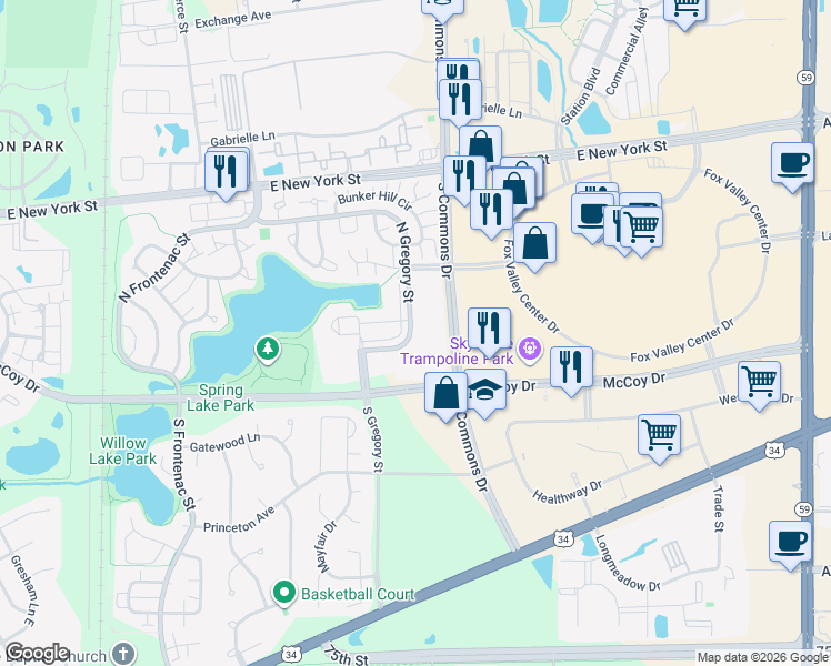 map of restaurants, bars, coffee shops, grocery stores, and more near 249 North Gregory Street in Aurora