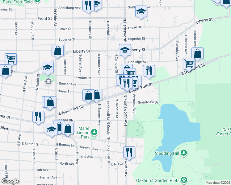 map of restaurants, bars, coffee shops, grocery stores, and more near 1327 Kane Street in Aurora