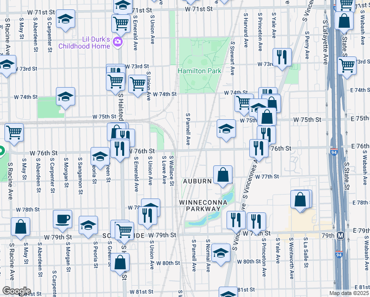 map of restaurants, bars, coffee shops, grocery stores, and more near 7558 South Parnell Avenue in Chicago