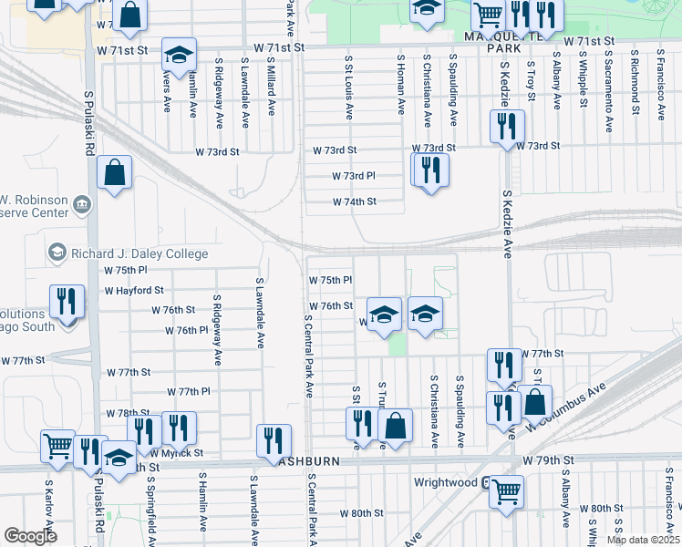 map of restaurants, bars, coffee shops, grocery stores, and more near 3512 West 75th Place in Chicago