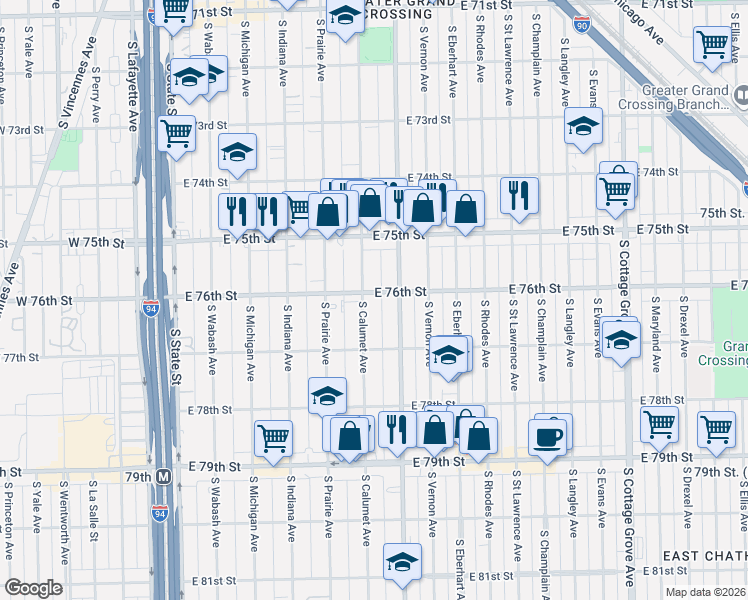 map of restaurants, bars, coffee shops, grocery stores, and more near 7545 South Calumet Avenue in Chicago