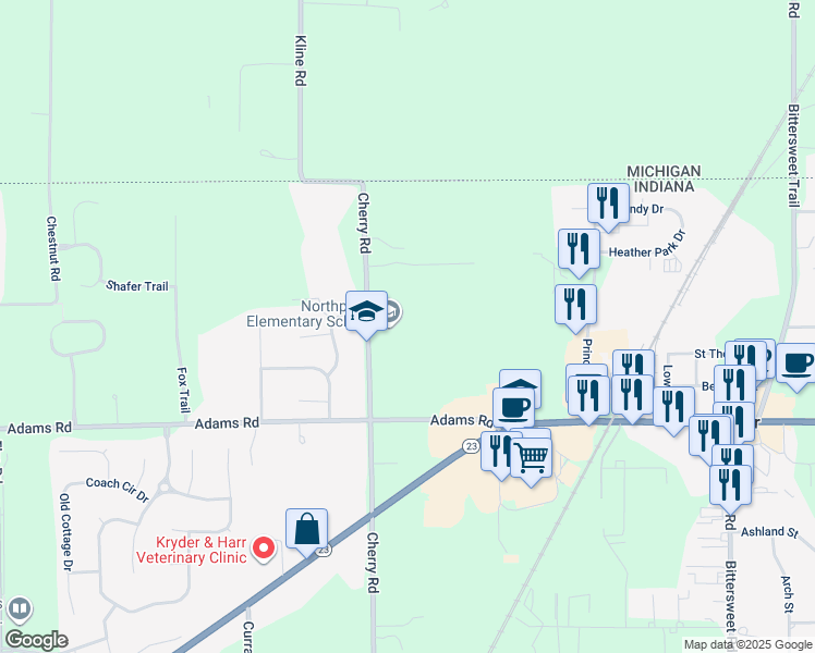 map of restaurants, bars, coffee shops, grocery stores, and more near 50800 Cherry Road in Granger