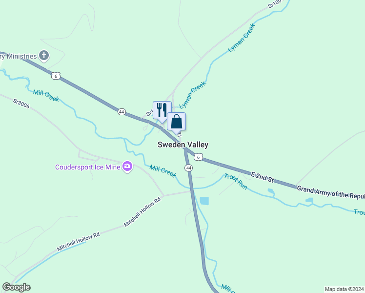 map of restaurants, bars, coffee shops, grocery stores, and more near Coudersport-Jersey Shore Highway in Coudersport