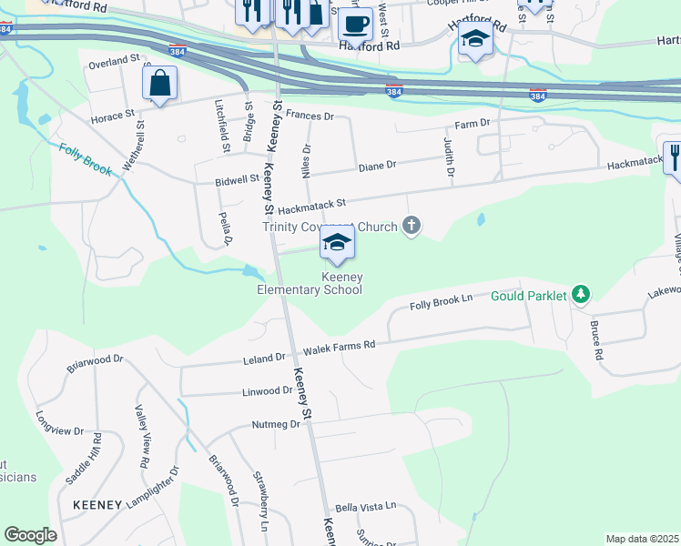 map of restaurants, bars, coffee shops, grocery stores, and more near 179 Keeney Street in Manchester