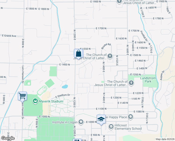 map of restaurants, bars, coffee shops, grocery stores, and more near 1354 North 1250 East in Logan