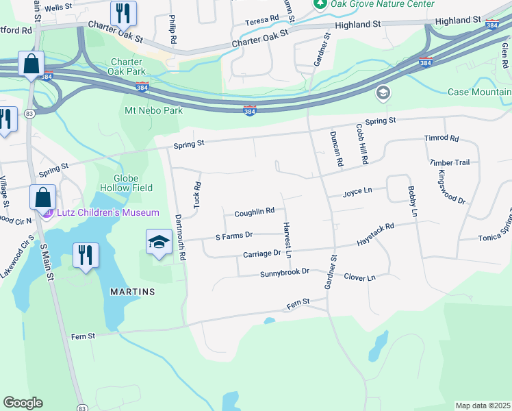 map of restaurants, bars, coffee shops, grocery stores, and more near 39 Coughlin Road in Manchester