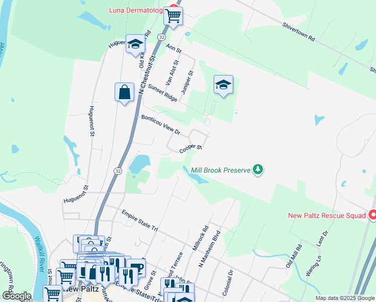 map of restaurants, bars, coffee shops, grocery stores, and more near 22 Cooper Street in New Paltz