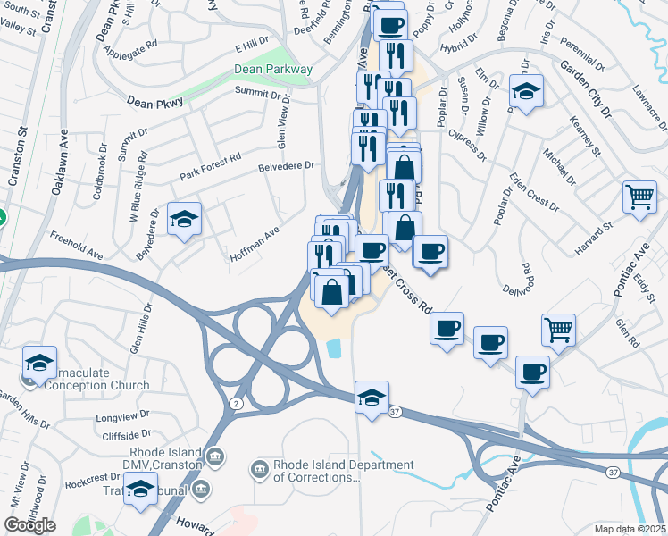 map of restaurants, bars, coffee shops, grocery stores, and more near 1000 Chapel View Boulevard in Cranston