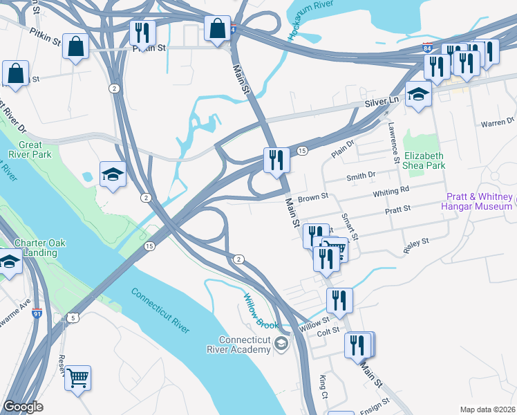 map of restaurants, bars, coffee shops, grocery stores, and more near 21 Willys Street in East Hartford
