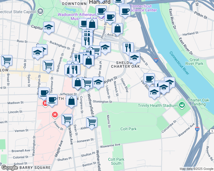 map of restaurants, bars, coffee shops, grocery stores, and more near 100 Wyllys Street in Hartford