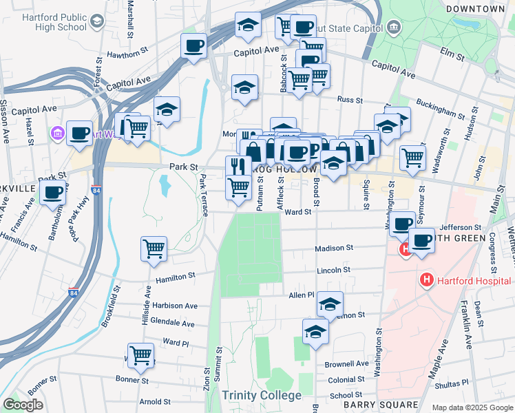map of restaurants, bars, coffee shops, grocery stores, and more near 586-588 Zion Street in Hartford