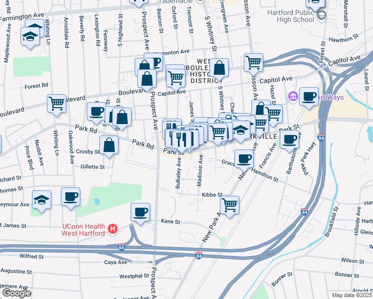 map of restaurants, bars, coffee shops, grocery stores, and more near 25 Dorothy Street in Hartford