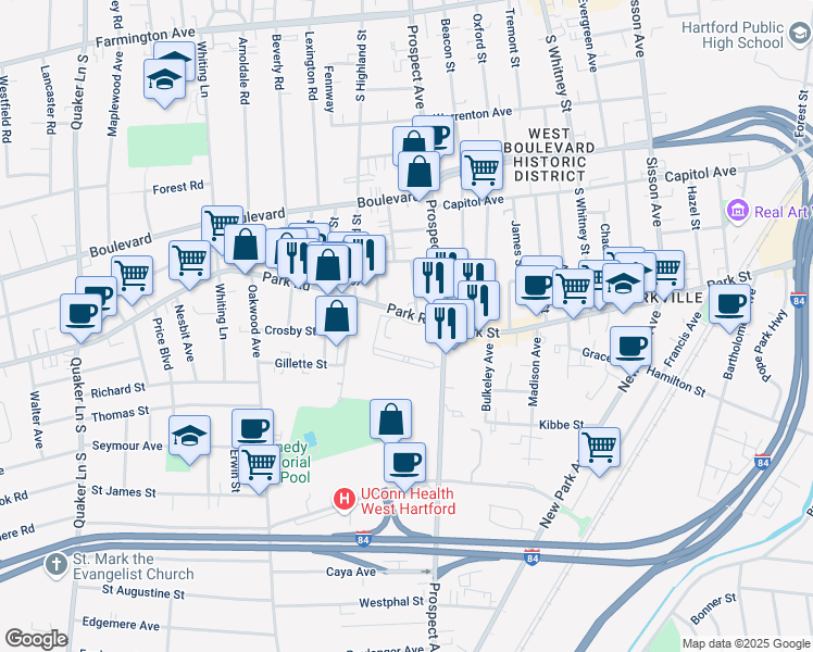 map of restaurants, bars, coffee shops, grocery stores, and more near 48 Park Road in West Hartford