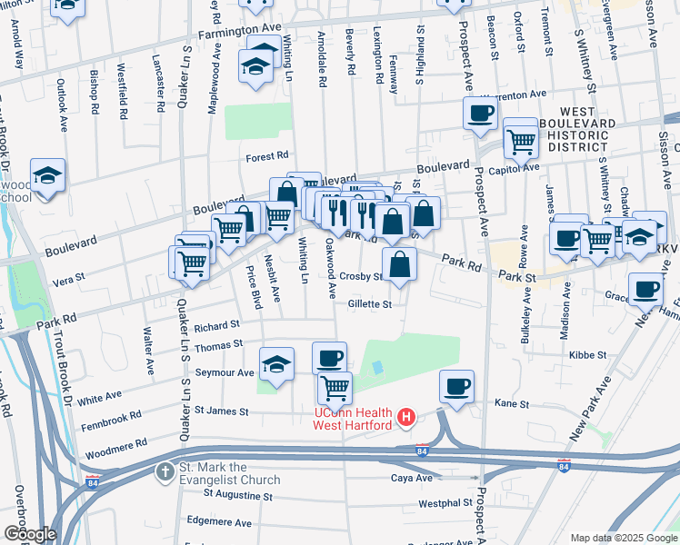 map of restaurants, bars, coffee shops, grocery stores, and more near 21 Kingston Street in West Hartford