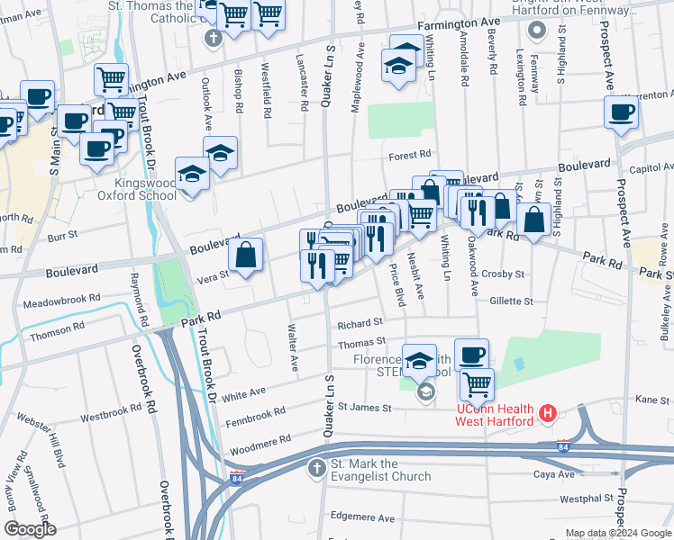 map of restaurants, bars, coffee shops, grocery stores, and more near 222 Quaker Lane South in West Hartford