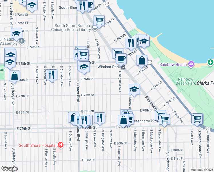 map of restaurants, bars, coffee shops, grocery stores, and more near 2543 East 76th Street in Chicago