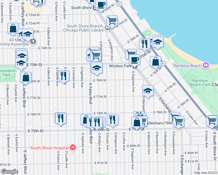 map of restaurants, bars, coffee shops, grocery stores, and more near 7602 South Essex Avenue in Chicago