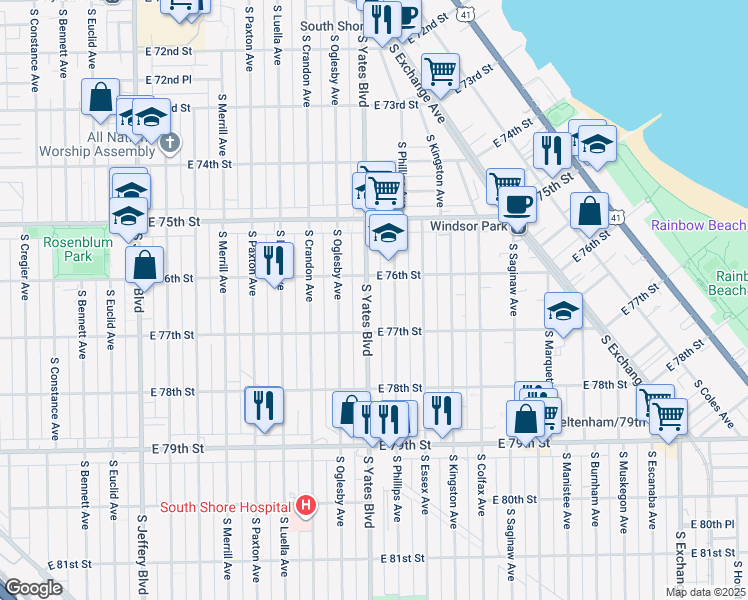 map of restaurants, bars, coffee shops, grocery stores, and more near 7604 South Phillips Avenue in Chicago