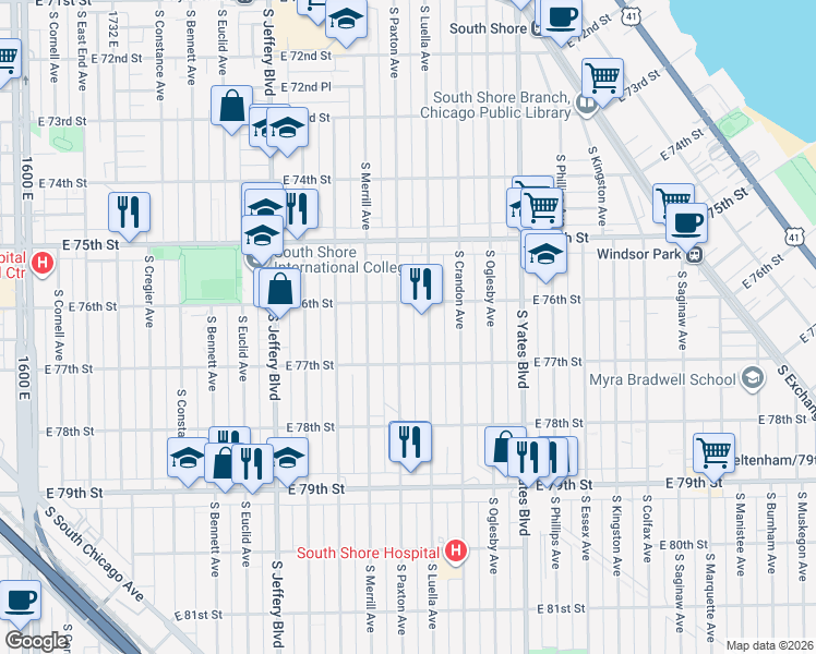 map of restaurants, bars, coffee shops, grocery stores, and more near 7600 South Paxton Avenue in Chicago