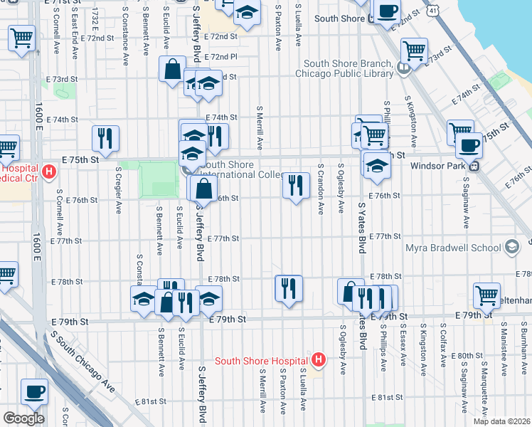 map of restaurants, bars, coffee shops, grocery stores, and more near 7600 South Paxton Avenue in Chicago
