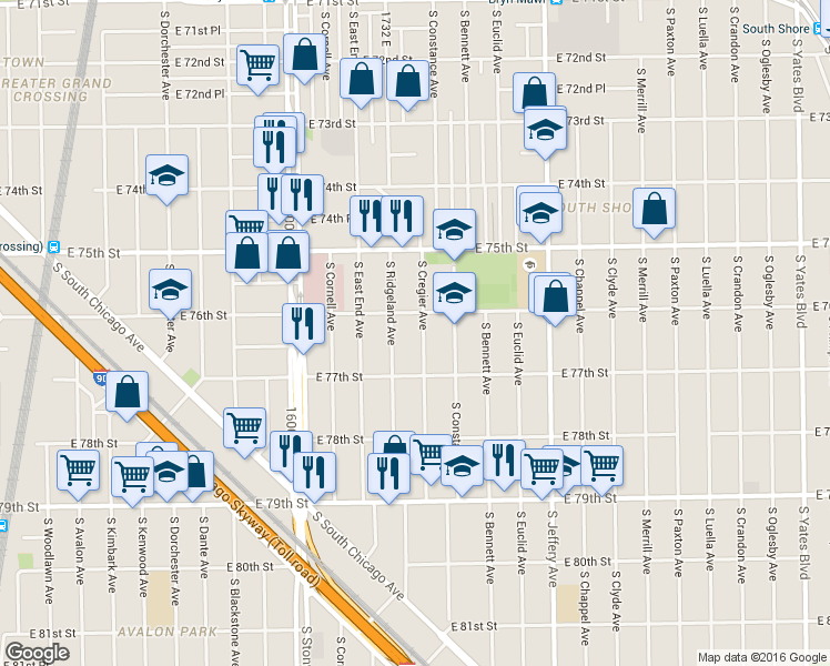 map of restaurants, bars, coffee shops, grocery stores, and more near 7559 South Ridgeland Avenue in Chicago