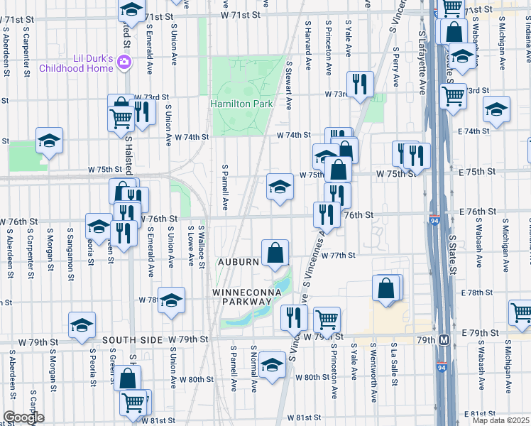 map of restaurants, bars, coffee shops, grocery stores, and more near 7534 South Eggleston Avenue in Chicago
