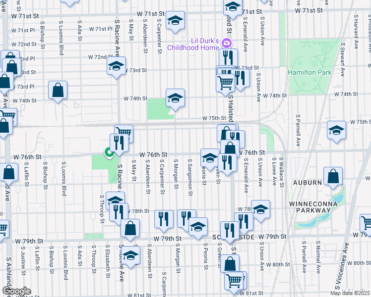 map of restaurants, bars, coffee shops, grocery stores, and more near 7522 South Sangamon Street in Chicago