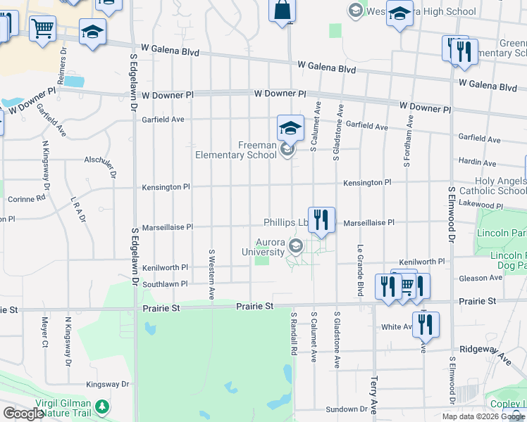 map of restaurants, bars, coffee shops, grocery stores, and more near 215 South Glenwood Place in Aurora