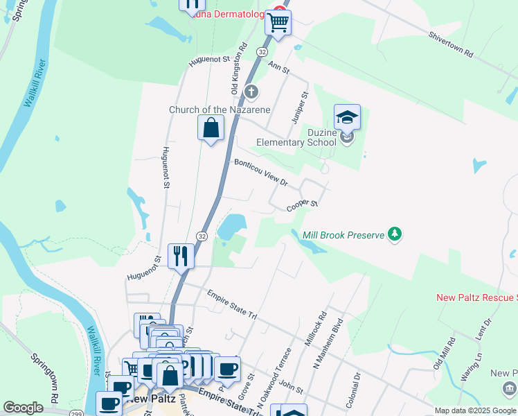 map of restaurants, bars, coffee shops, grocery stores, and more near 10 Taylor Street in New Paltz