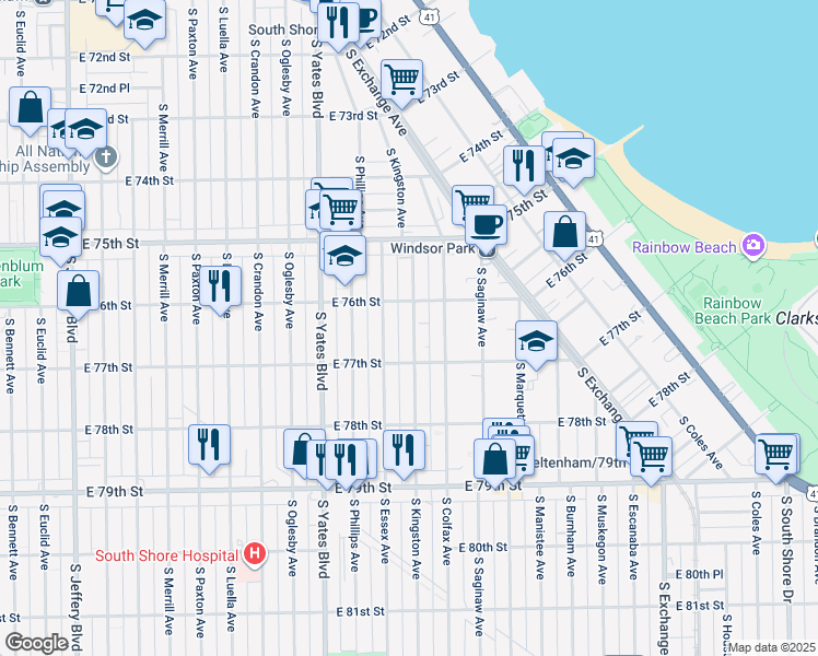 map of restaurants, bars, coffee shops, grocery stores, and more near 2543 East 76th Street in Chicago