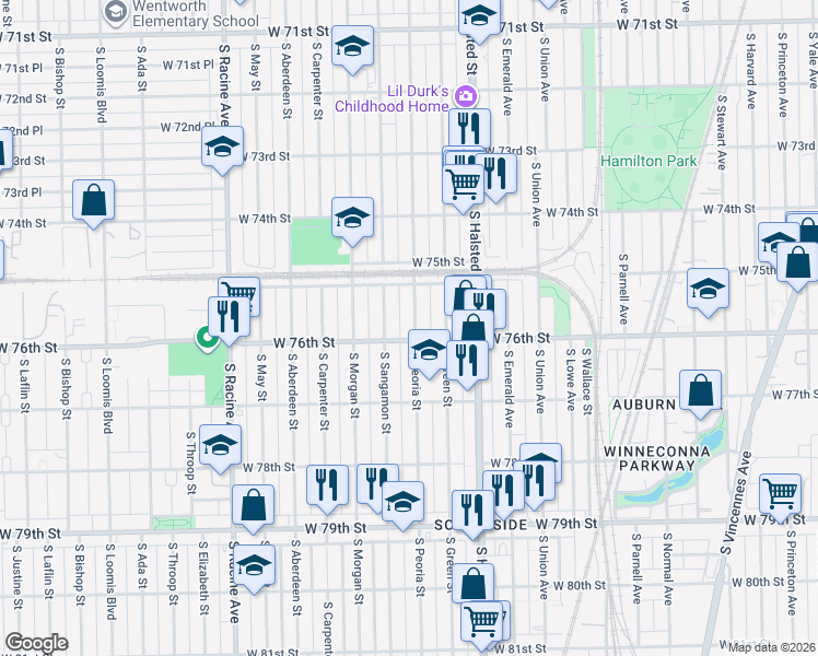 map of restaurants, bars, coffee shops, grocery stores, and more near 7542 South Peoria Street in Chicago