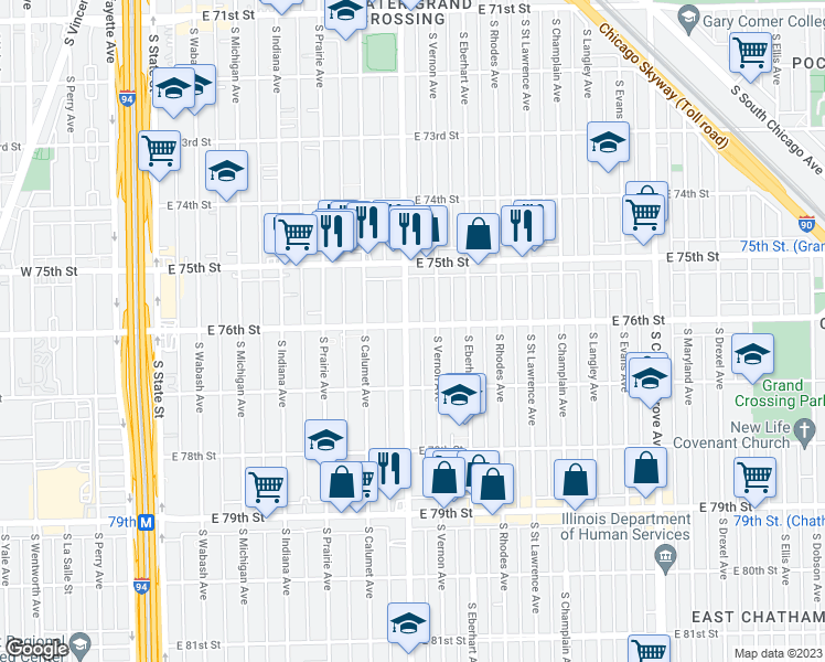 map of restaurants, bars, coffee shops, grocery stores, and more near 7601 South King Drive in Chicago