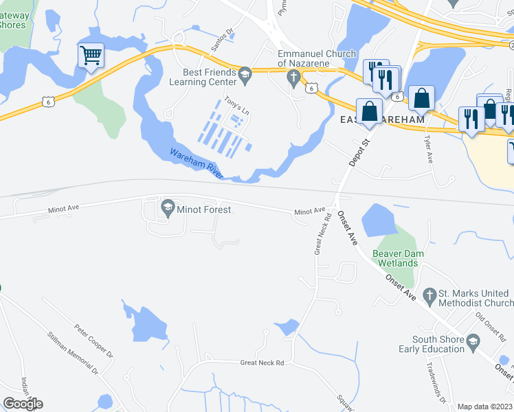 map of restaurants, bars, coffee shops, grocery stores, and more near 115 Minot Avenue in Wareham